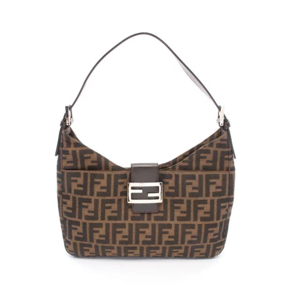 Fendi Zucca Shoulder Bag Canvas Leather Brown Black